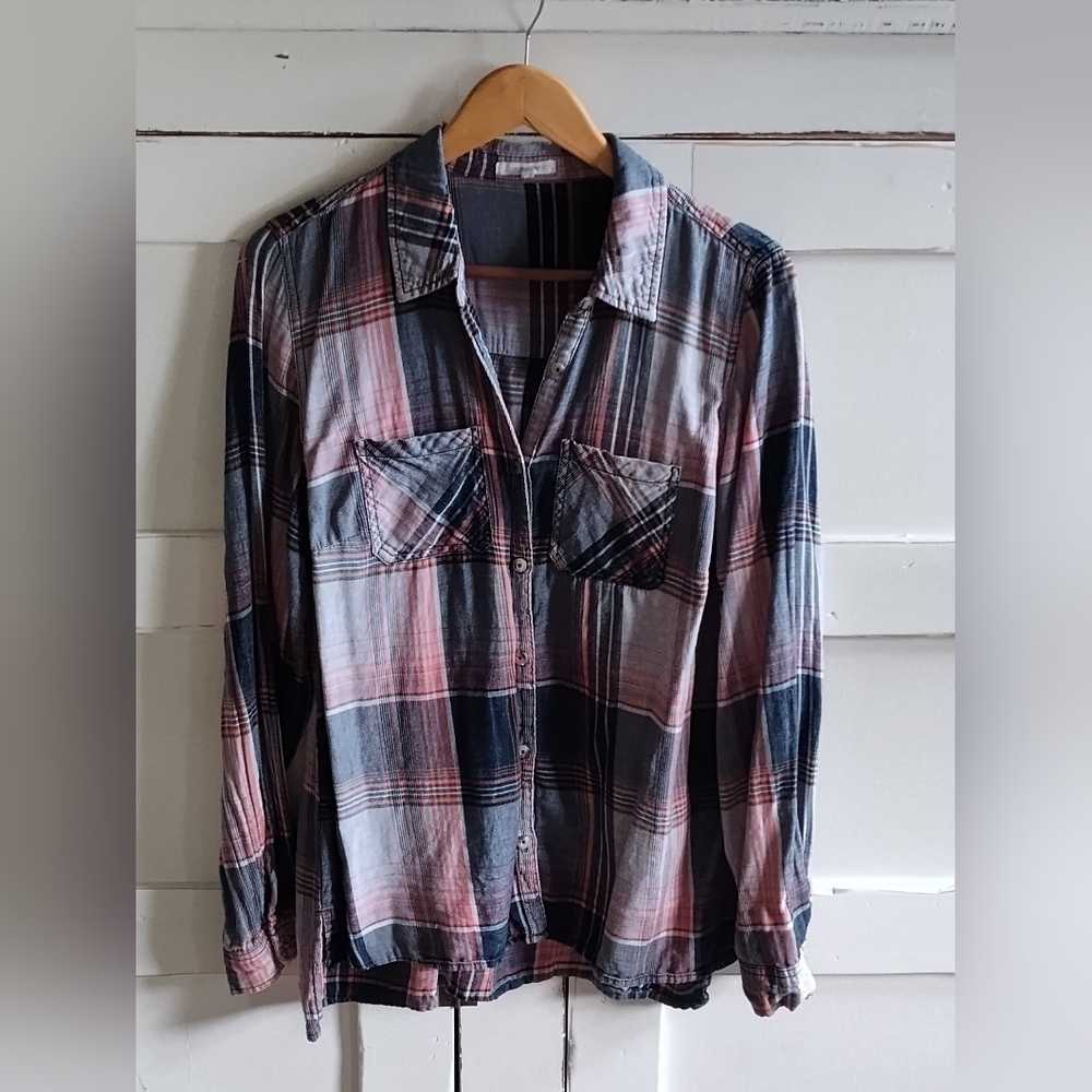 Maurices Women's Blue Pink Plaid Button-Up | Long Sleeve | Size OS (LG)